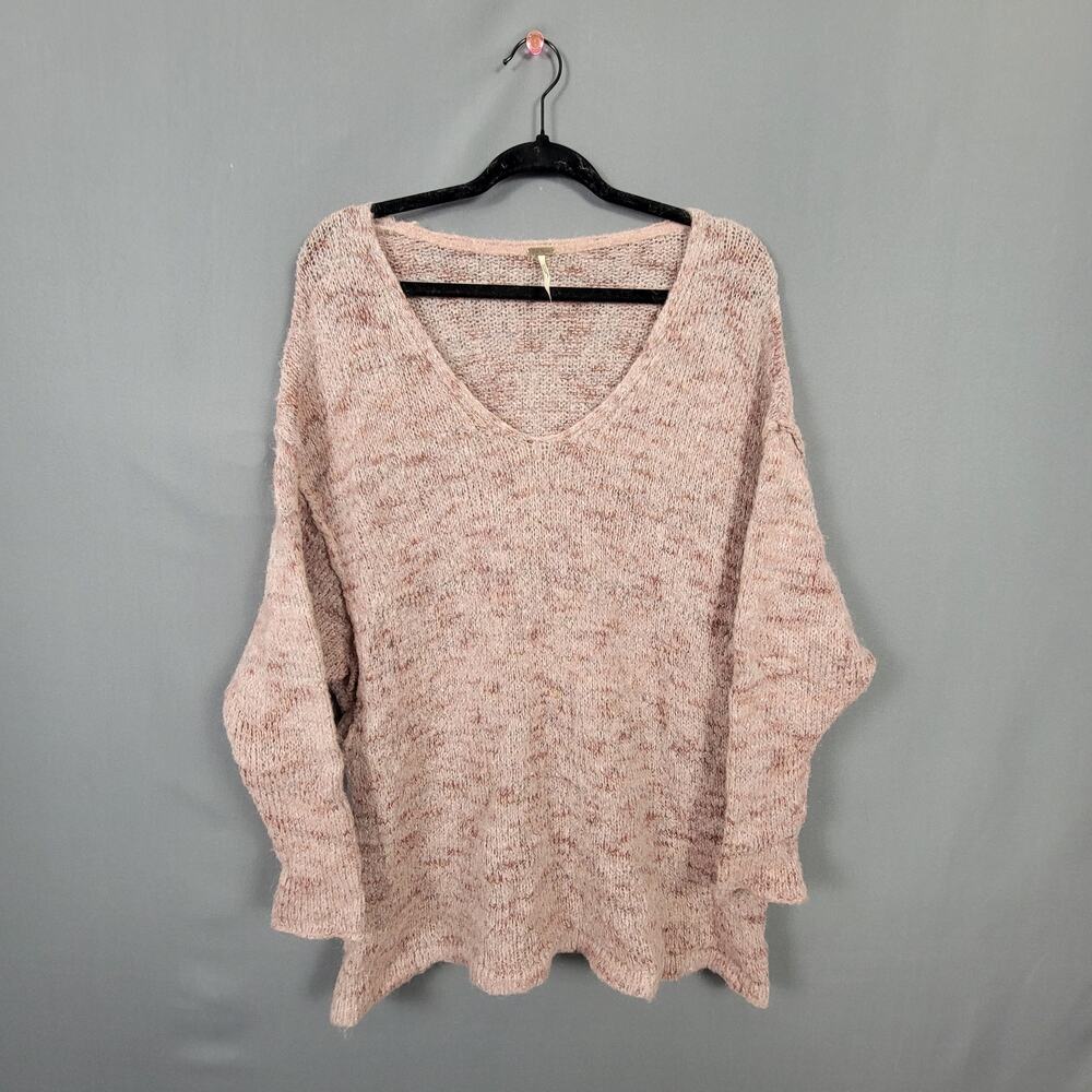 Free People Alpaca Mohair Blend Slouchy Oversized V-Neck Open Knit Sweater